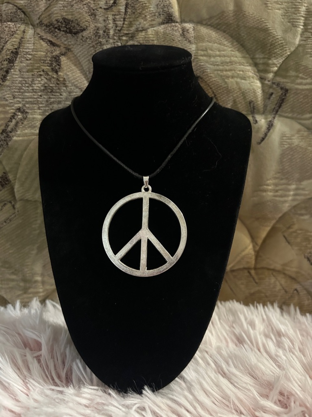Silver Peace Sign Pendant Cord Necklace